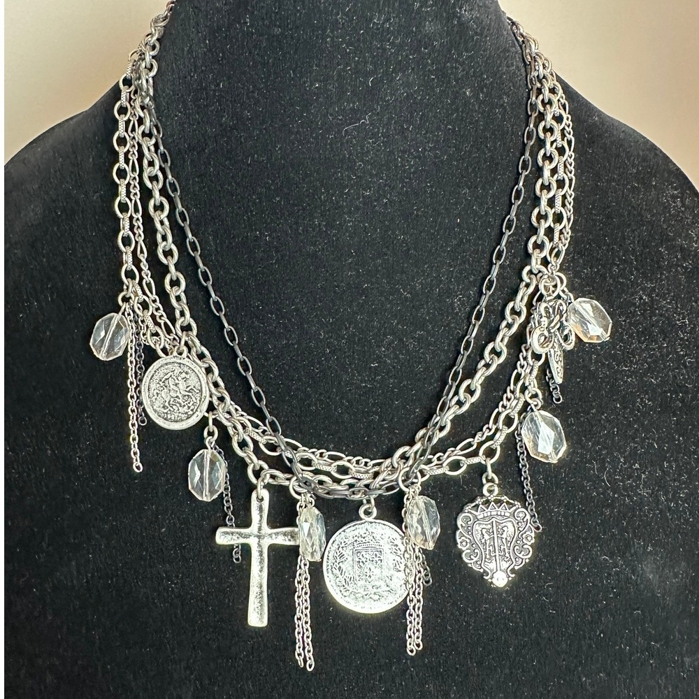 Icing Silver Tone Multi Strand Charm Necklace Cross Coin Heart Goth Grunge Y2K